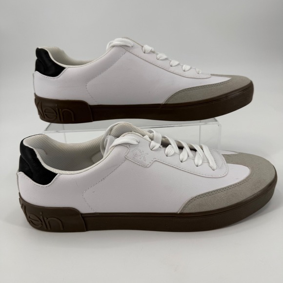 Calvin Klein Mens White Leather Suede Low Top Sneakers Brown Sole Size 10.5 - Picture 2 of 6
